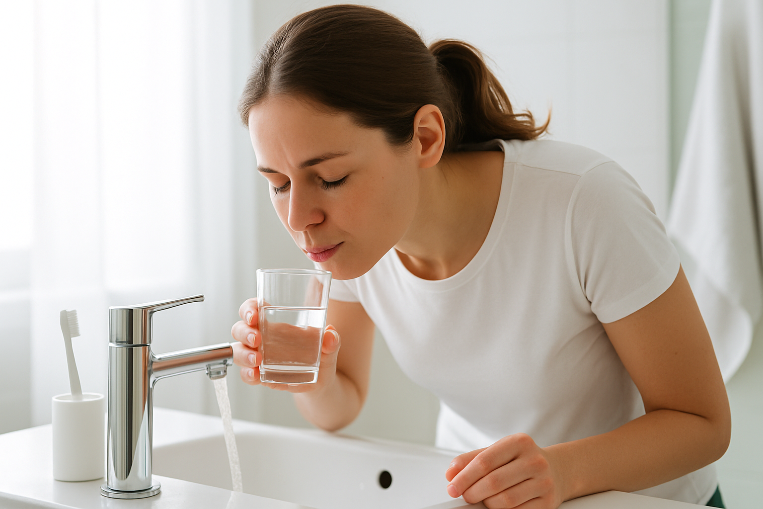 crea una imagen profesional de una mujer enjuagandose despues de cepillarse los dientes. la imagen tiene que tener el tamaño de 1080 x1080 px