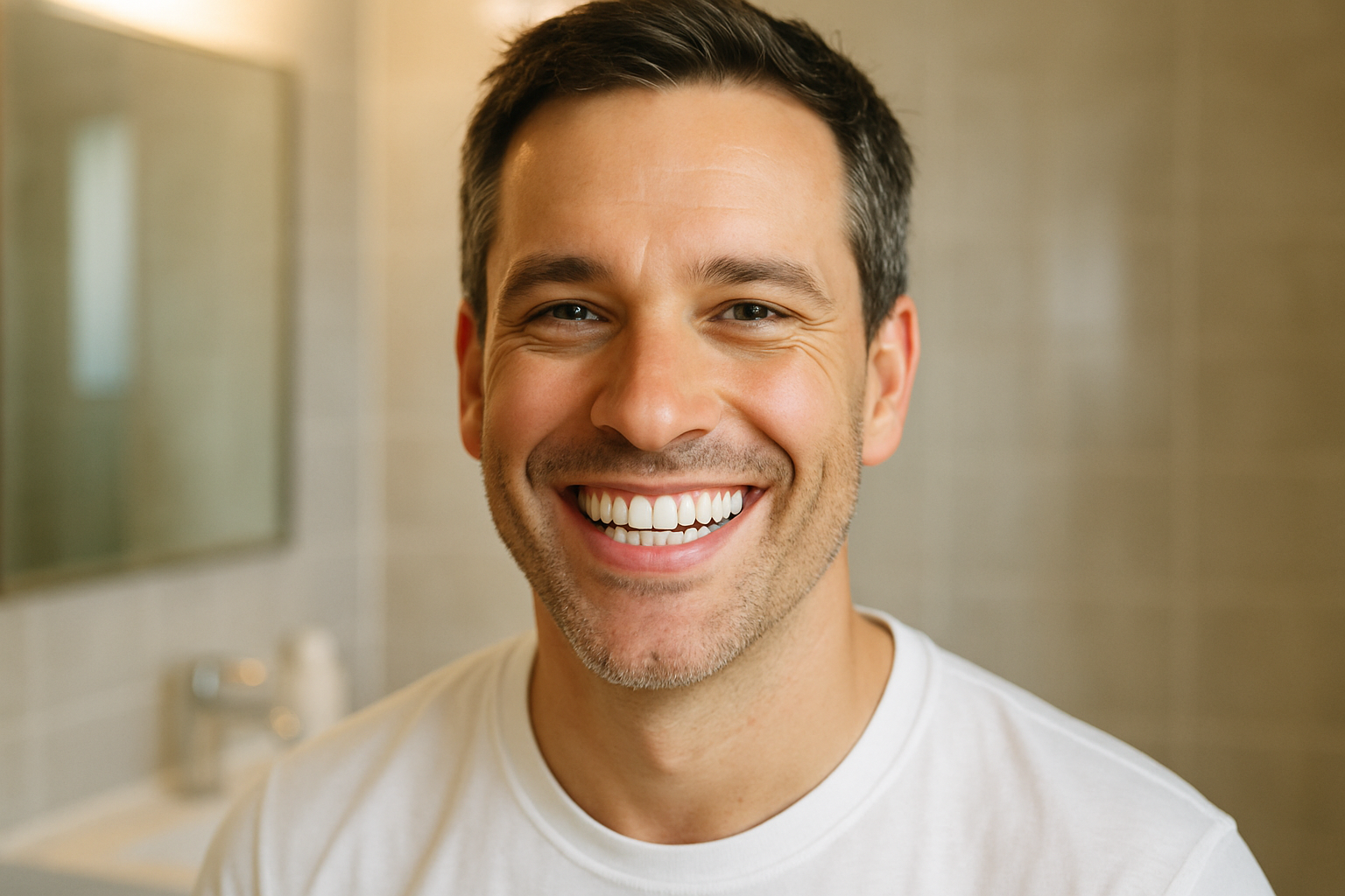 Genera una imagen del rostro de un hombre de unos 40 años de edad, sonriendo con una sonrisa muy blanca y dientes bonitos. El fonde desenfocado pero que se note que está en su baño porque se acaba de cepillar los dientes. la imagen debe tener un tamaño de 1080 x1080 px